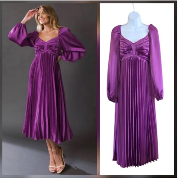 VICI Dress Satin Purple Romantic One Pleated Dress Ballon Sleeves Size Small - Picture 2 of 11